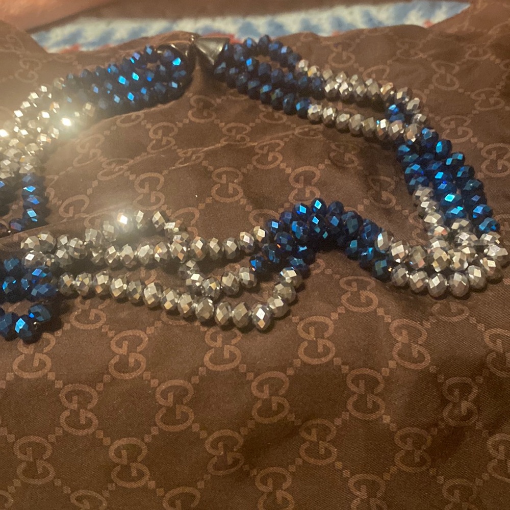 Necklace, blue and grey beads.